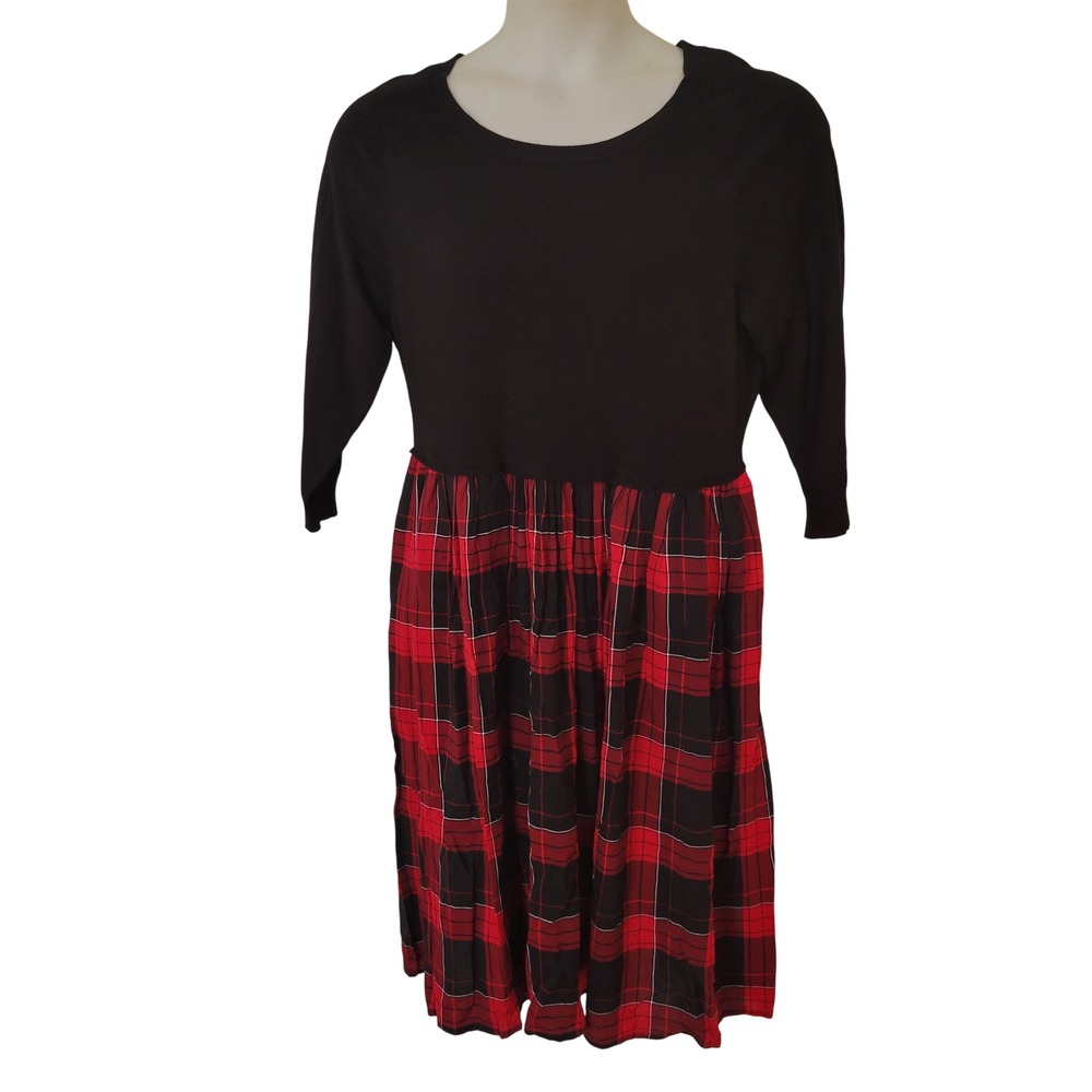 Torrid 1 Black Knit Red Plaid Modest‎ Holiday A Line Dress 1X 14 16 Christmas